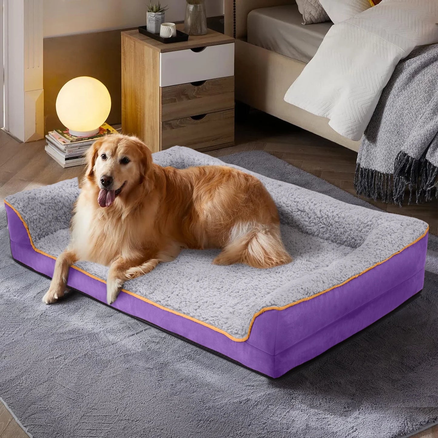 Dog Bed for Large Medium Small Dogs Orthopedic Dog Sofa Bed Non Slip Pet Couch with Removable Washable Cover Supportive Egg Crate Foam S to XL, Gray and Purple