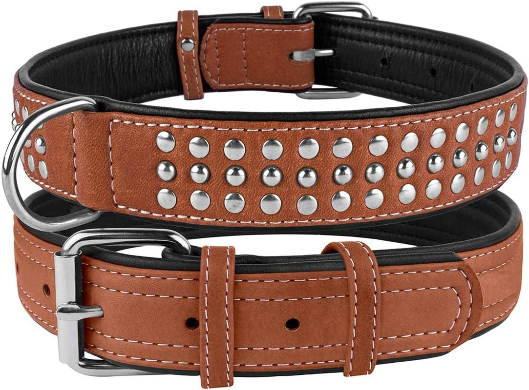 Studded Dog Collar Leather Pet Collars for Dogs Small Medium Large Puppy Soft Padded Brown Black (Brown, Neck Fit 20" - 22")