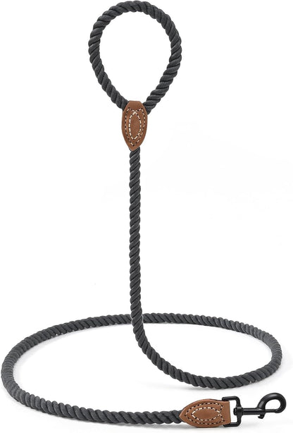 Dog Leash, Braided Cotton Rope Leashes with Leather Tailor Tip with Leather Tip - Heavy Duty Metal Clasp, 4FT, 1/2" Thick - Wedding, Walking for Medium Large Dogs(Dark Gray)