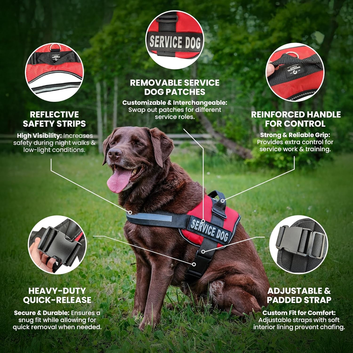 Emotional Support Vest Harness - Durable and Adjustable Dog Vest with Reflective Straps, Removable Patches, Handle & D-Ring, Travel and Daily Use, XXXS 11.5-13" - Bright Red