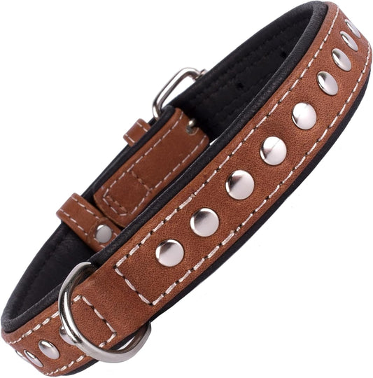 Studded Dog Collar Leather Pet Collars for Dogs Small Medium Large Puppy Soft Padded Brown Black (Brown, Neck Fit 20" - 22")