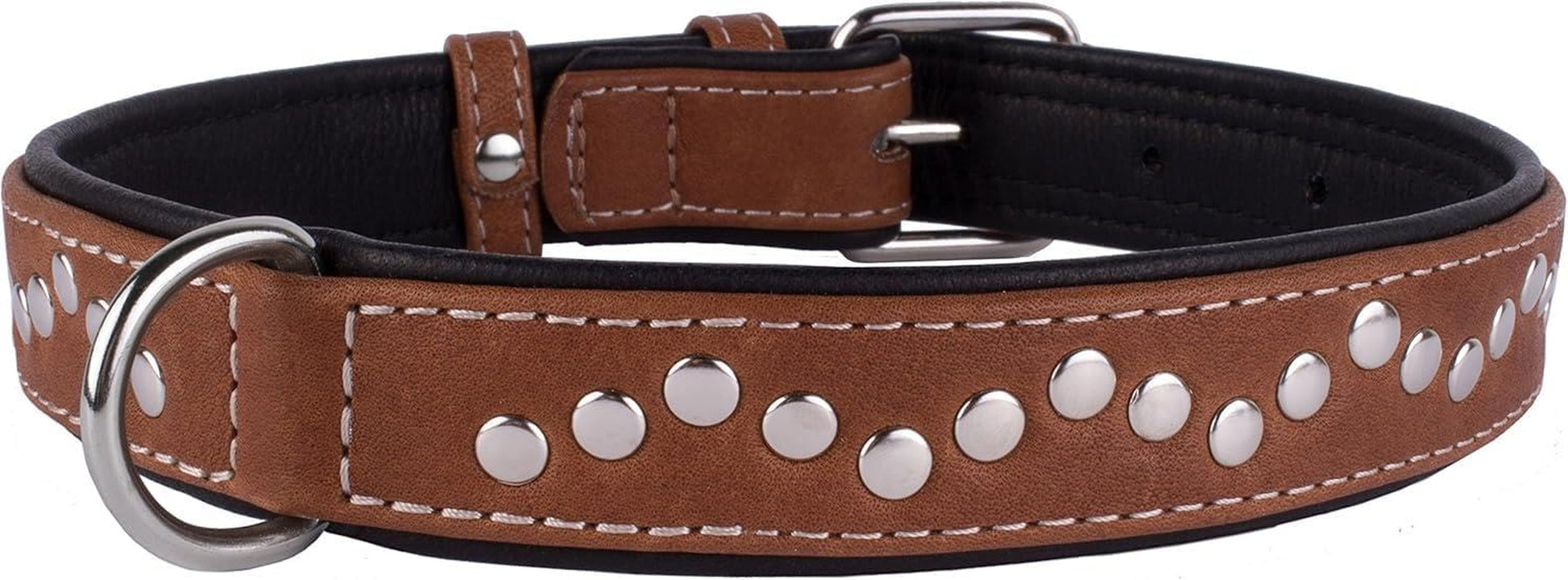 Studded Dog Collar Leather Pet Collars for Dogs Small Medium Large Puppy Soft Padded Brown Black (Brown, Neck Fit 20" - 22")