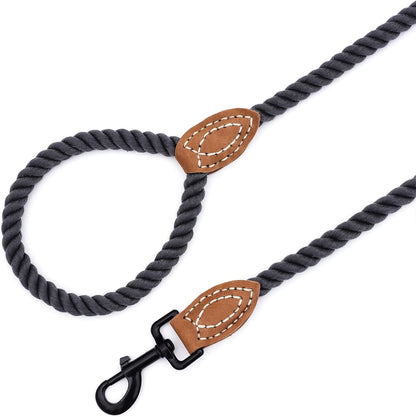 Dog Leash, Braided Cotton Rope Leashes with Leather Tailor Tip with Leather Tip - Heavy Duty Metal Clasp, 4FT, 1/2" Thick - Wedding, Walking for Medium Large Dogs(Dark Gray)