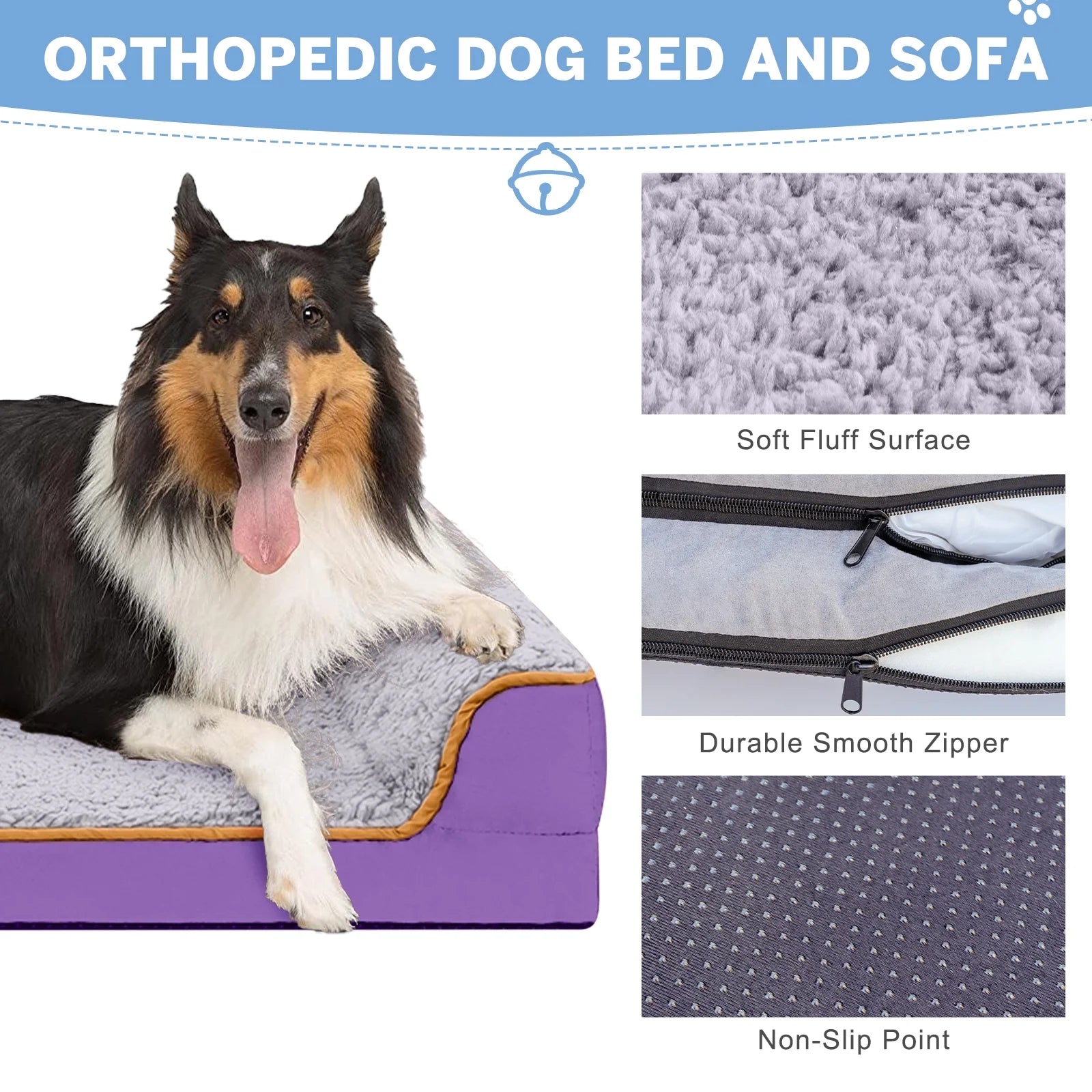 Dog Bed for Large Medium Small Dogs Orthopedic Dog Sofa Bed Non Slip Pet Couch with Removable Washable Cover Supportive Egg Crate Foam S to XL, Gray and Purple