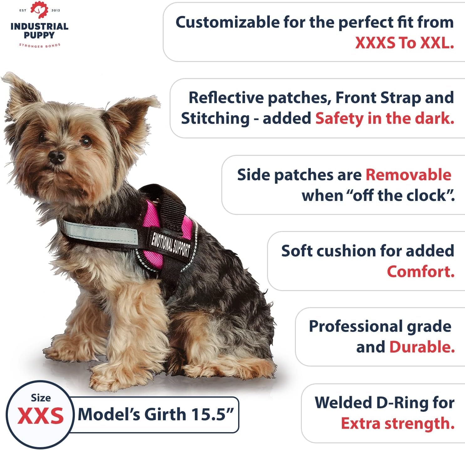 Emotional Support Vest Harness - Durable and Adjustable Dog Vest with Reflective Straps, Removable Patches, Handle & D-Ring, Travel and Daily Use, XXS 13.5-17" - Pink