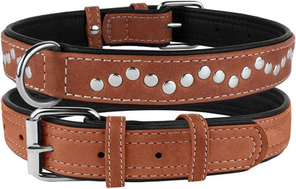 Studded Dog Collar Leather Pet Collars for Dogs Small Medium Large Puppy Soft Padded Brown Black (Brown, Neck Fit 20" - 22")