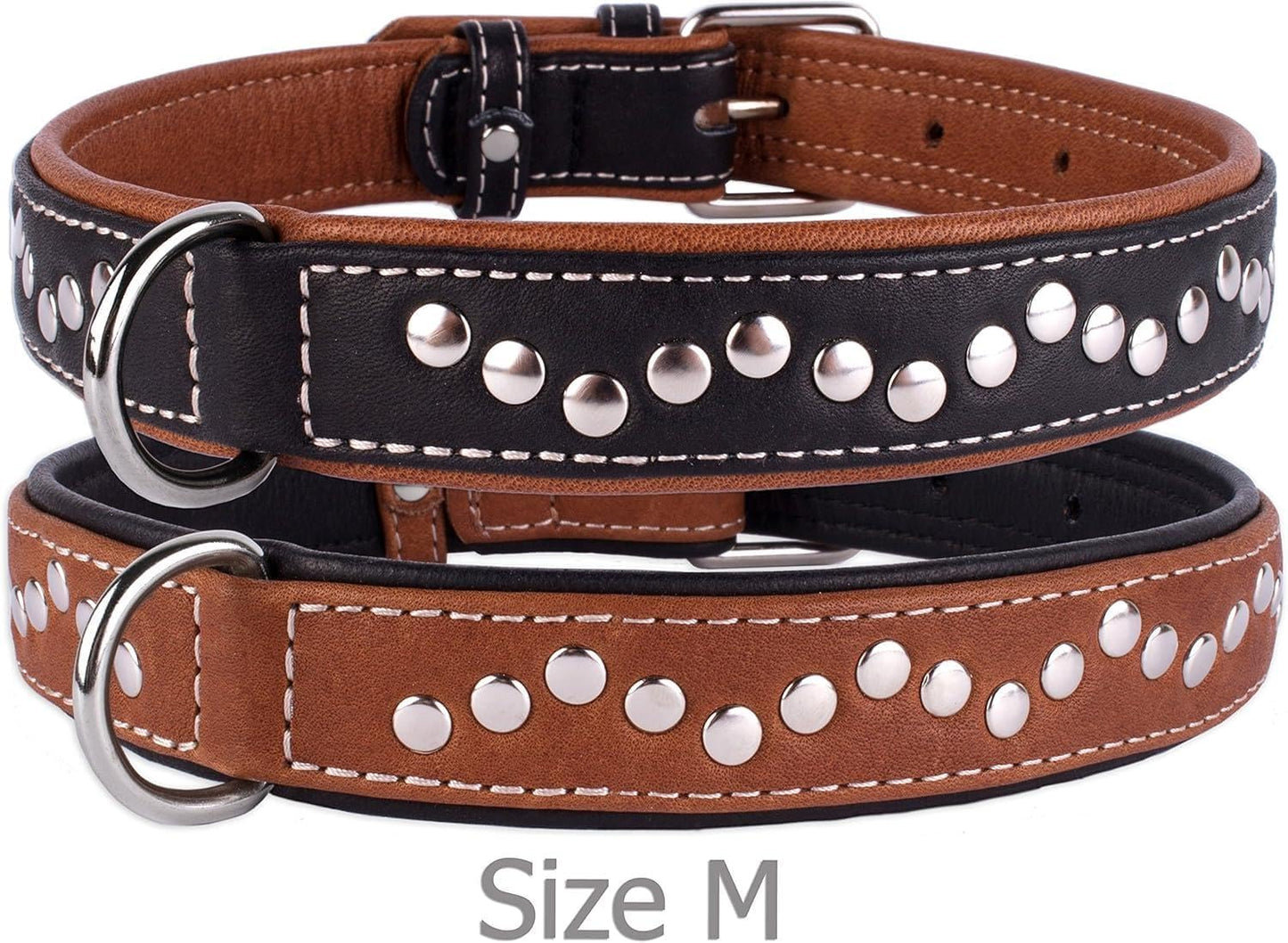 Studded Dog Collar Leather Pet Collars for Dogs Small Medium Large Puppy Soft Padded Brown Black (Brown, Neck Fit 20" - 22")
