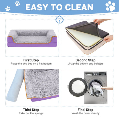 Dog Bed for Large Medium Small Dogs Orthopedic Dog Sofa Bed Non Slip Pet Couch with Removable Washable Cover Supportive Egg Crate Foam S to XL, Gray and Purple