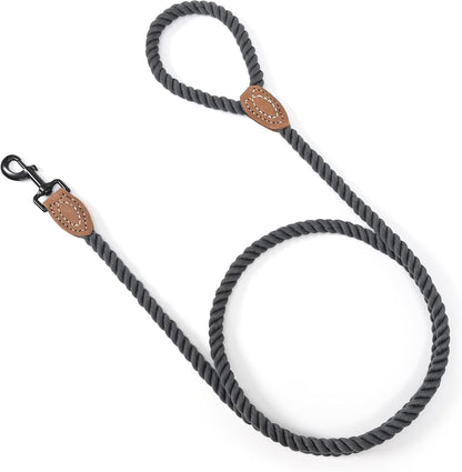 Dog Leash, Braided Cotton Rope Leashes with Leather Tailor Tip with Leather Tip - Heavy Duty Metal Clasp, 4FT, 1/2" Thick - Wedding, Walking for Medium Large Dogs(Dark Gray)