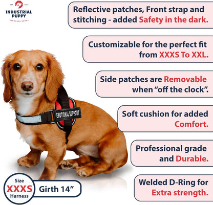 Emotional Support Vest Harness - Durable and Adjustable Dog Vest with Reflective Straps, Removable Patches, Handle & D-Ring, Travel and Daily Use, XXXS 11.5-13" - Bright Red