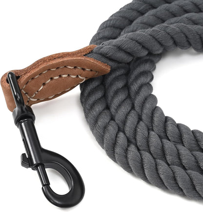 Dog Leash, Braided Cotton Rope Leashes with Leather Tailor Tip with Leather Tip - Heavy Duty Metal Clasp, 4FT, 1/2" Thick - Wedding, Walking for Medium Large Dogs(Dark Gray)