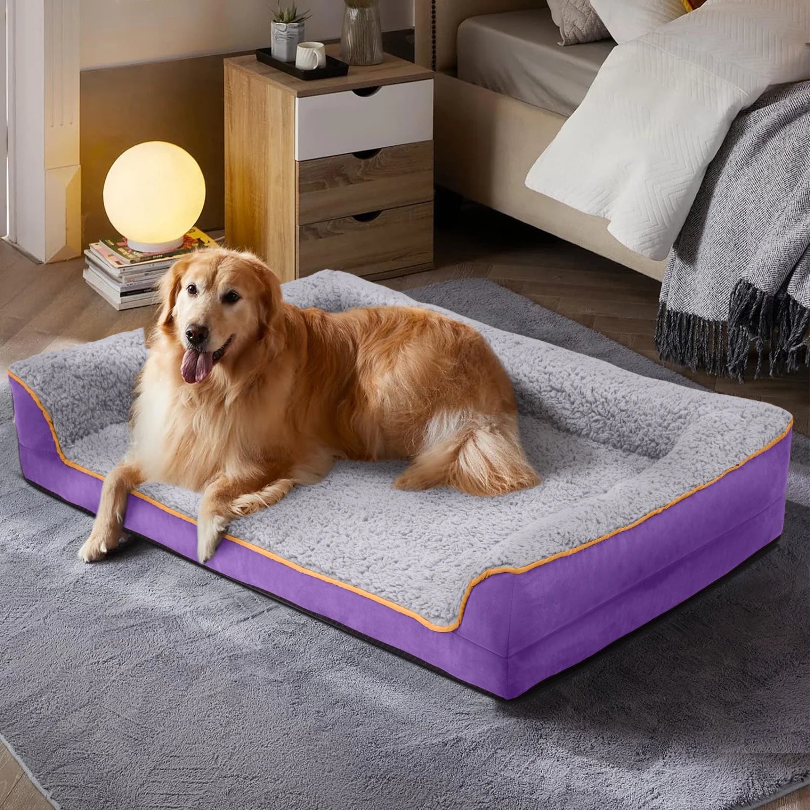 Dog Bed for Large Medium Small Dogs Orthopedic Dog Sofa Bed Non Slip Pet Couch with Removable Washable Cover Supportive Egg Crate Foam S to XL, Gray and Purple